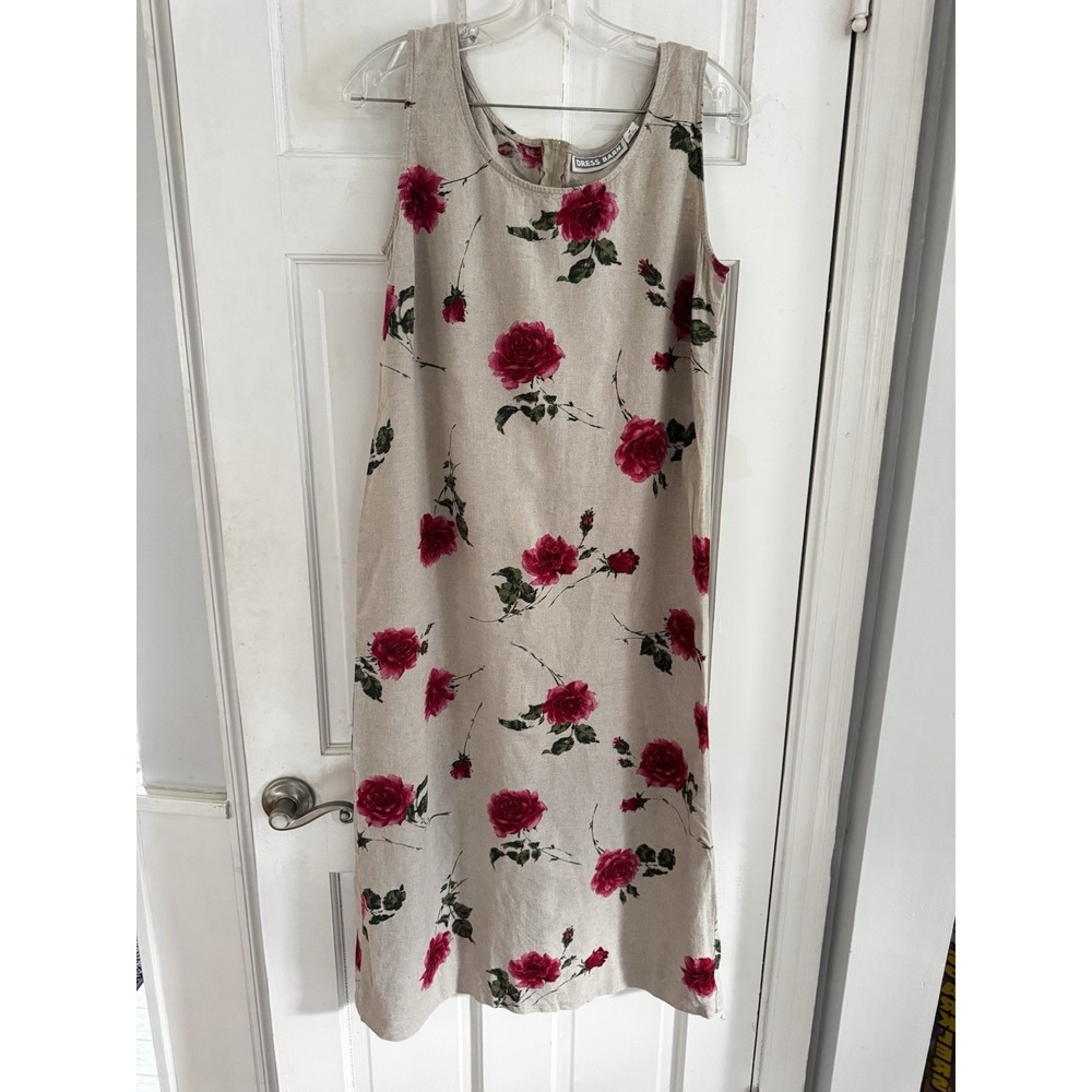 Dress Barn Linen Blend Dress Women 12 Beige Red Rose Floral Sleeveless Midi